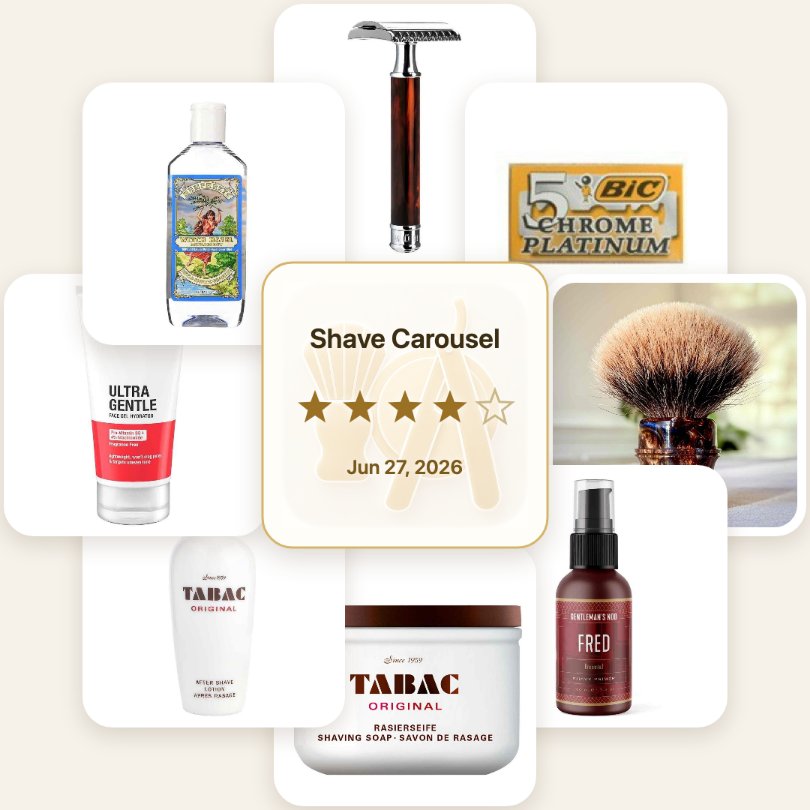 Auto-generated SOTD collage card: eight product photos of the day's razor, blade, brush, soap and aftershaves arranged around a center card with the Shave Carousel name, gold star rating and date