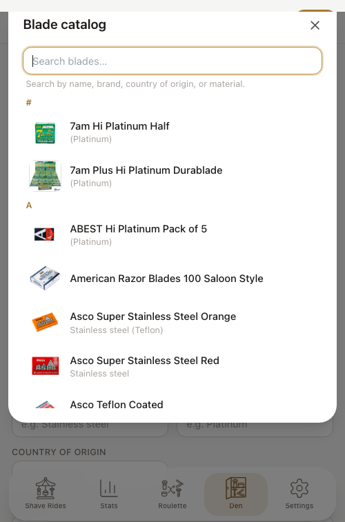 Built-in blade catalog lookup with package photos and coating details