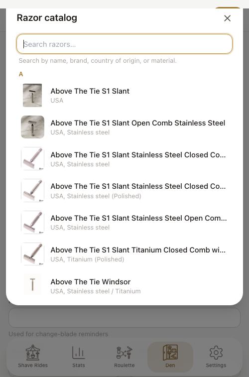Built-in razor catalog lookup with photos, searchable by name, brand, country of origin or material