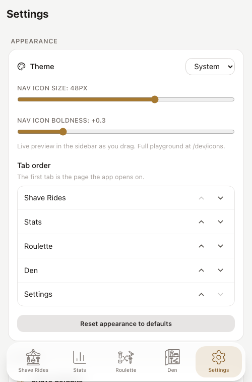 Settings screen with theme selection, nav icon size and boldness sliders, and drag-to-reorder tab order