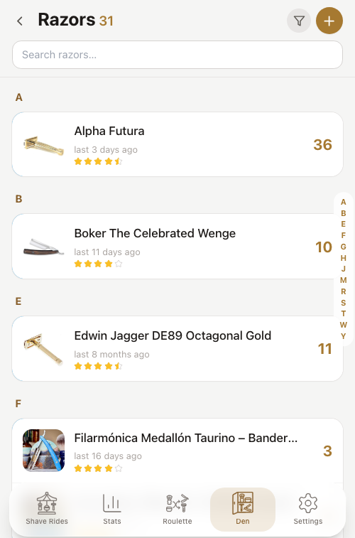 Razor collection list with photos, last-used dates, use counts and computed ratings, plus alphabetical navigation