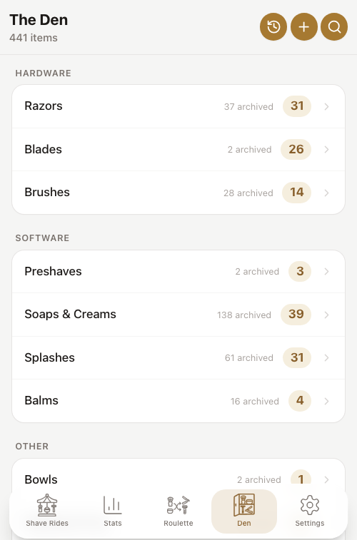 The Den home screen listing hardware and software categories with item counts