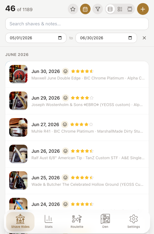Shave log filtered to a two-month date range from May 1 to June 30, showing 46 of 1189 shaves