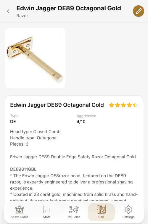 Razor detail page showing type, aggression, head type, handle type and full product description