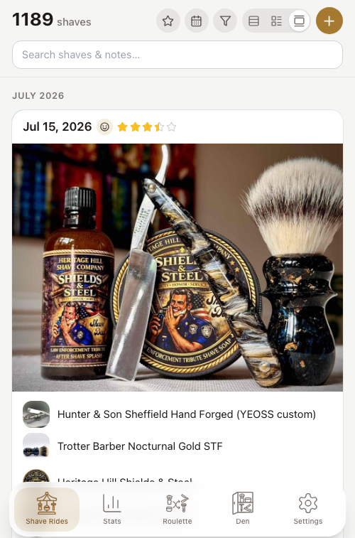 Expanded shave log view with a full-width straight razor Shave of the Day photo
